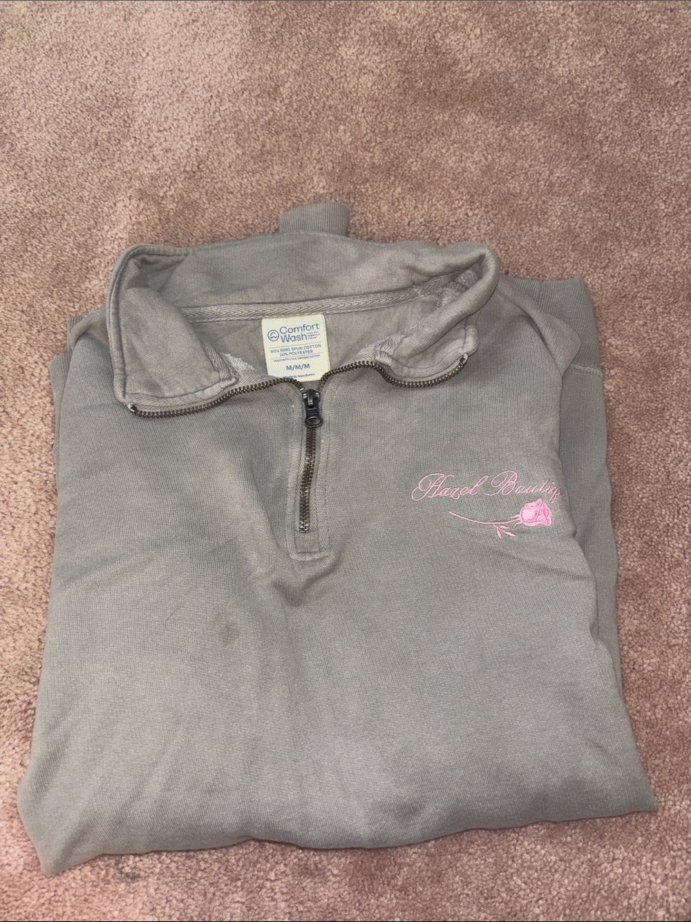 Cozy Gray Quarter-Zip Turtleneck with Pink Embroidery